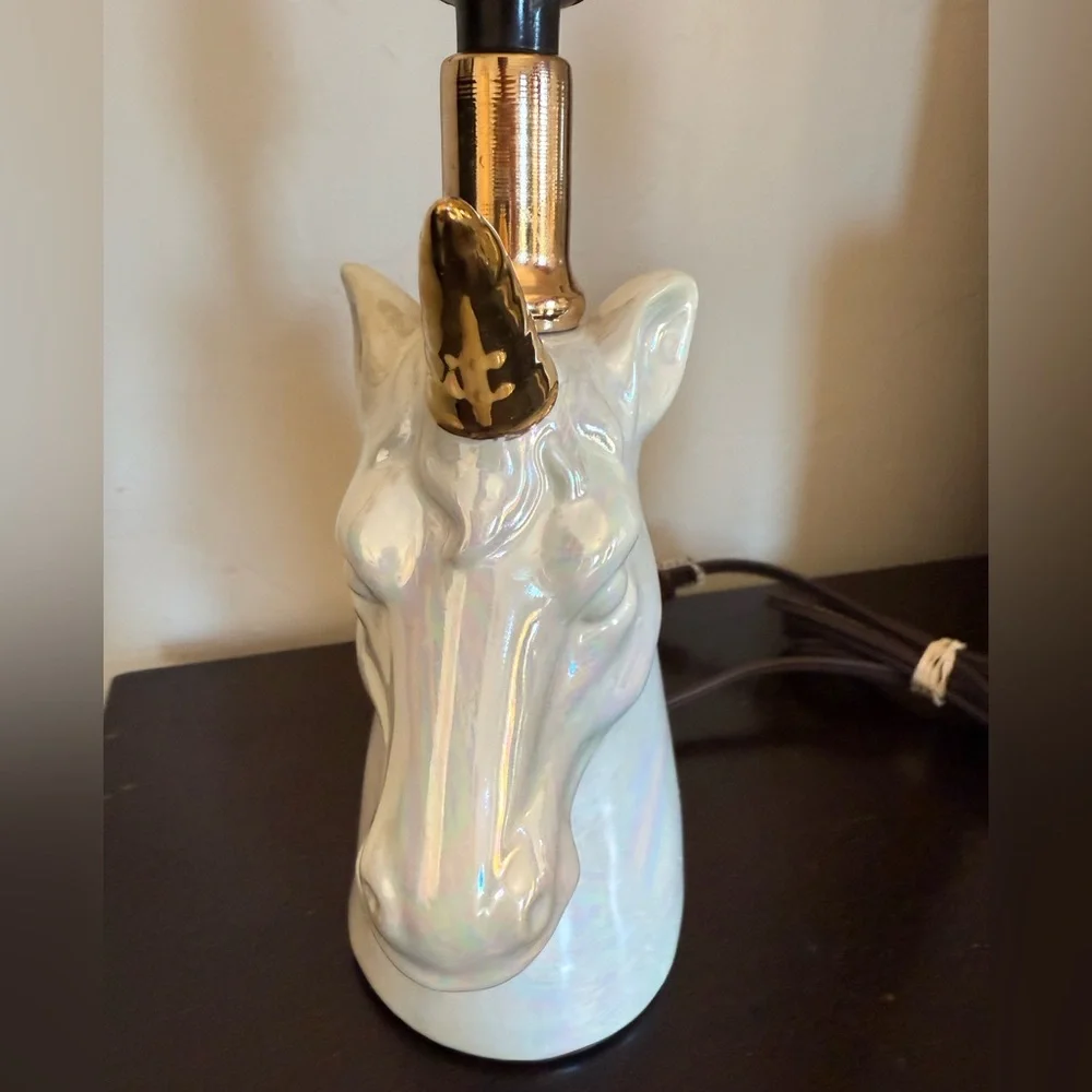 Gold White Unicorn Table Lamp Estate Iridescent ~11”‎ T